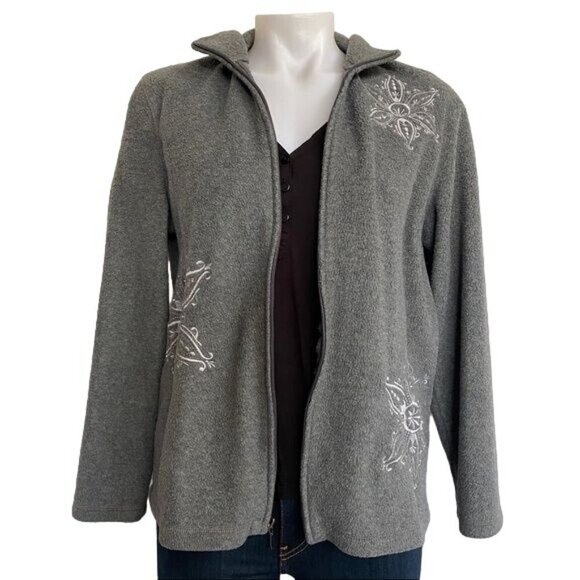 Croft & Barrow Embroidered Snowflake Grey Zip up Fleece Sweatshirt Size M - Picture 3 of 10
